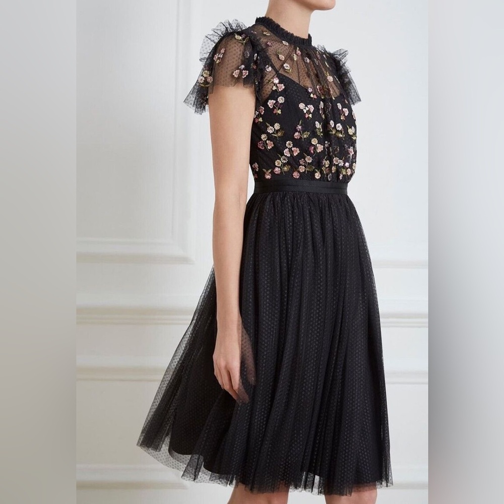 Needle & thread ballerina tulle midi dress flowers sequin ruffle rococo bodice